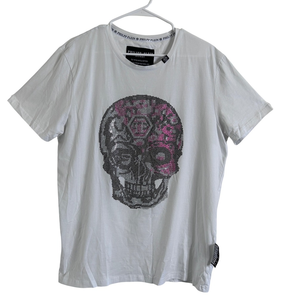 Phillip Plein Homme Crystal Embellished Skull Print T-shirt Men's XXL White Goth